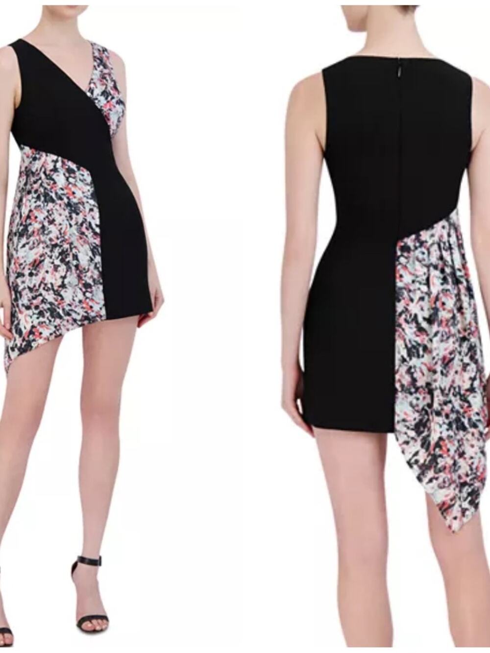BCBGMAXAZRIA Color Blocked V Neck Asymmetrical Mini Dress